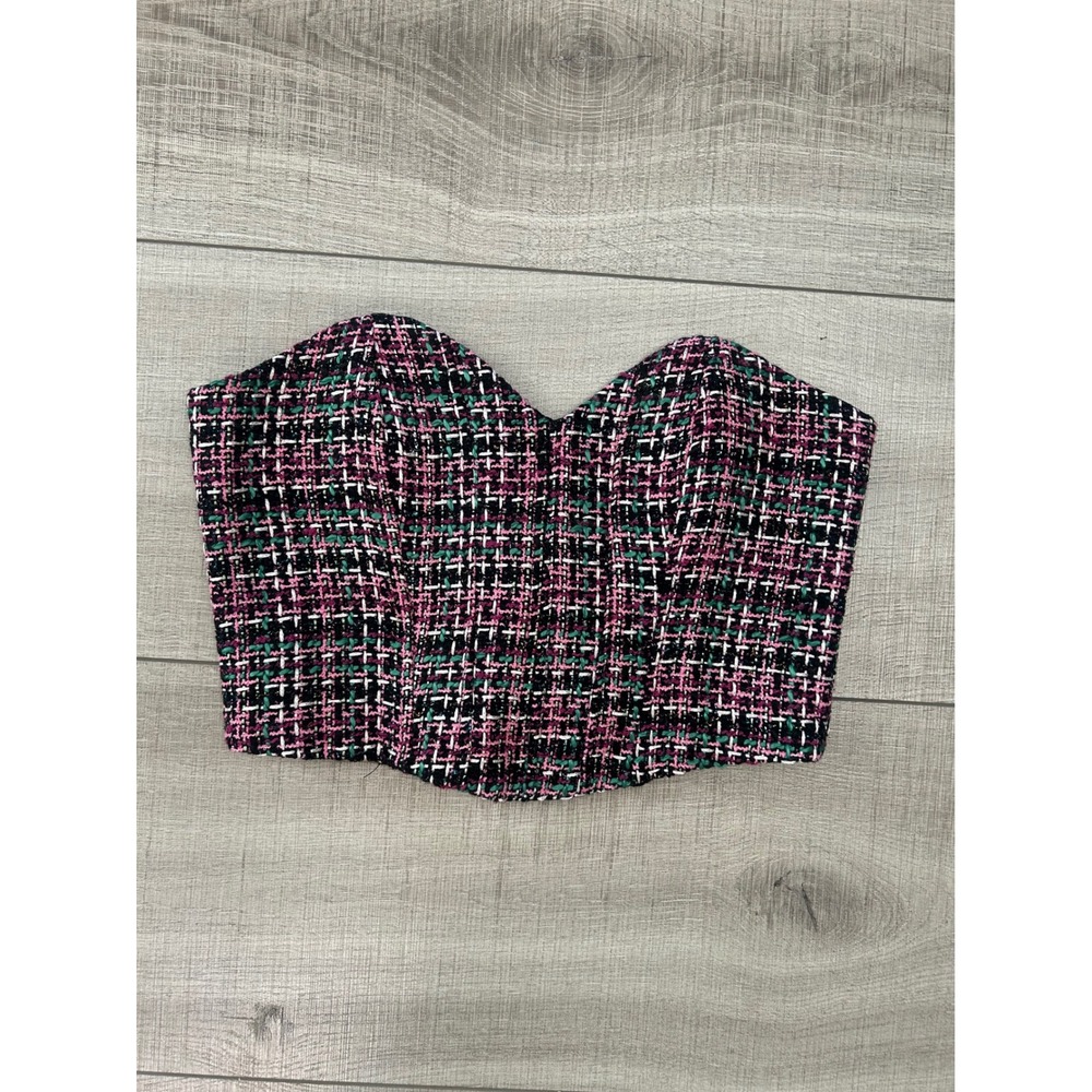 Zara Tweed Corset Top Pink Black Green‎ Plaid Sweetheart Bustier Crop M